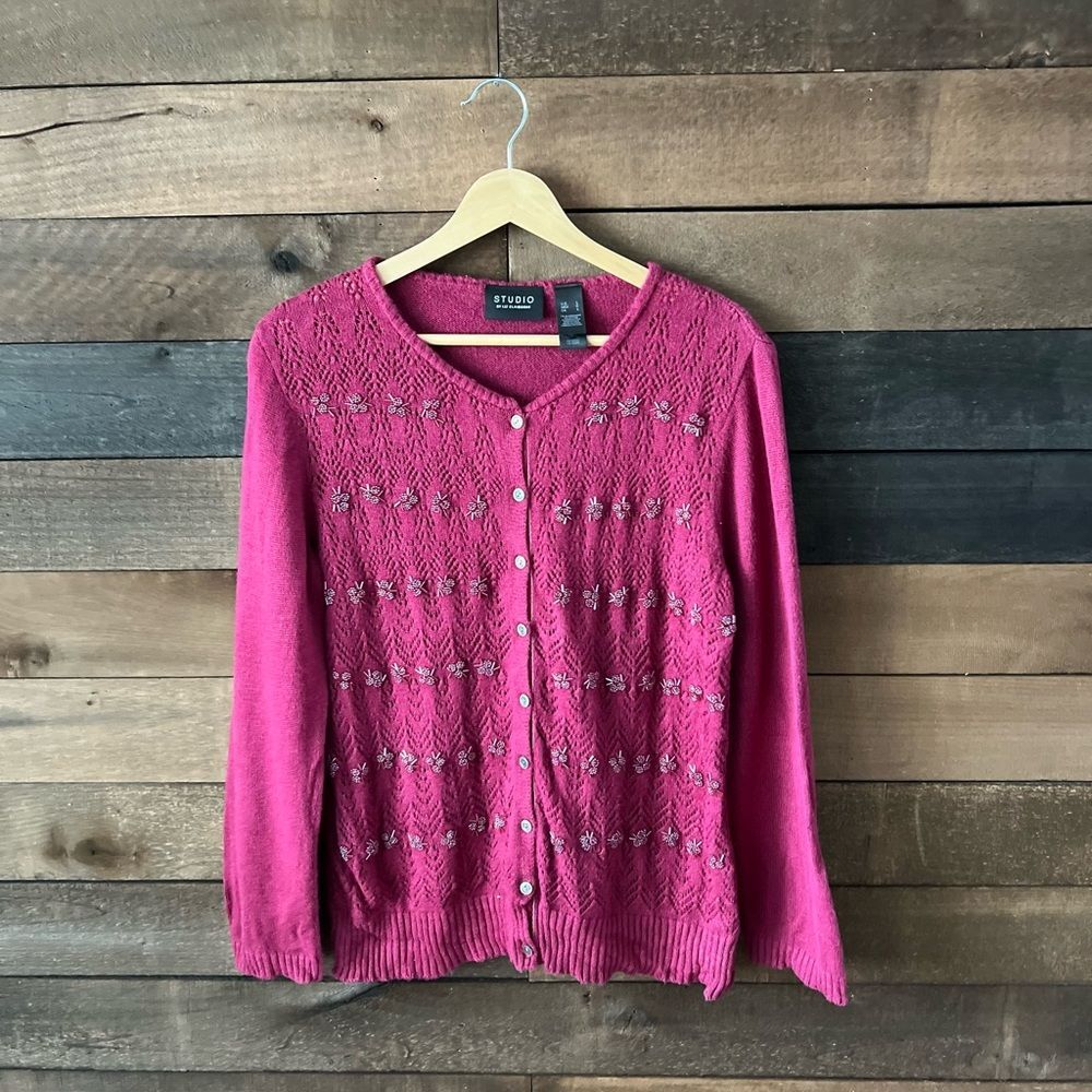 Studio By Liz Claiborne Fuchsia Silk Blend Beaded Knit Cardigan Size L